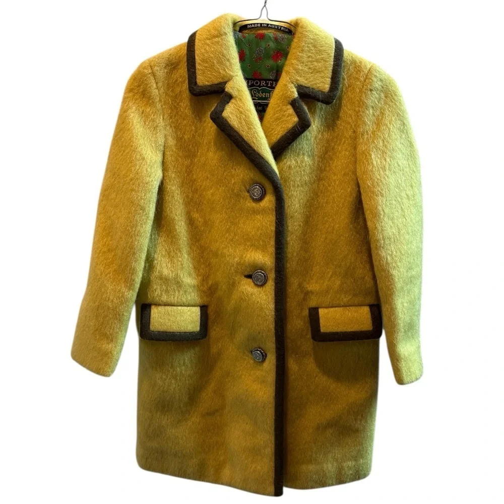 VTG Lodenfrey 60s Austrian Yellow Loden Wool Mohair Coat Petite XXS/Kids 12 - Picture 1 of 13